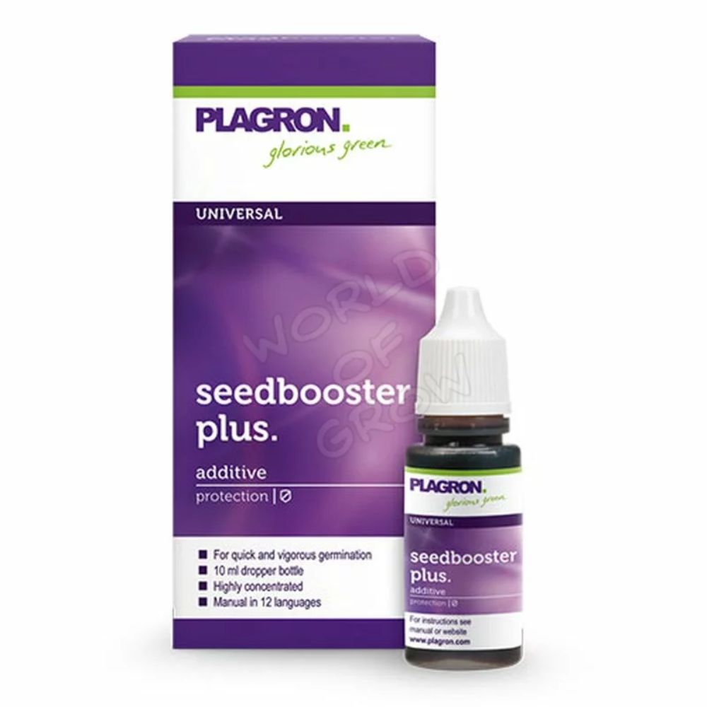 Η εικόνα δείχνει ένα μπουκάλι Plagron Seedbooster Plus 10ml από την Bertels B.V. δίπλα στη μοβ-λευκή συσκευασία του. Αυτό το σημαντικό πρόσθετο προάγει τη γρήγορη βλάστηση των νεαρών φυτών. Ένα εγχειρίδιο οδηγιών σε 12 γλώσσες περιλαμβάνεται στη συσκευασία.