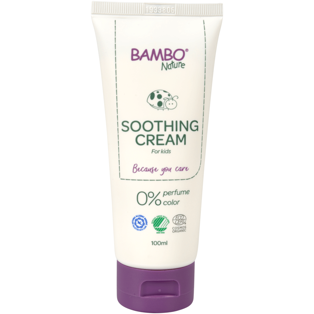 Ένας λευκός σωλήνας 100ml Bambo Nature Pflegecreme από την Abena Re-Seller GmbH, χωρίς χρώματα και αρώματα, ιδανικός για ευαίσθητο δέρμα, με μωβ καπάκι, πράσινο λογότυπο, σύμβολα πιστοποίησης. Πωλείται ως συσκευασία (6 τεμάχια).