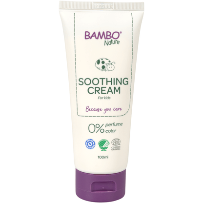 Ένας λευκός σωλήνας 100ml Bambo Nature Pflegecreme από την Abena Re-Seller GmbH, χωρίς χρώματα και αρώματα, ιδανικός για ευαίσθητο δέρμα, με μωβ καπάκι, πράσινο λογότυπο, σύμβολα πιστοποίησης. Πωλείται ως συσκευασία (6 τεμάχια).