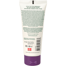 Σε έναν λευκό πλαστικό σωλήνα με μωβ καπάκι, υπάρχει πράσινο κείμενο με οδηγίες, προφυλάξεις, συστατικά, πιστοποιήσεις και πληροφορίες επικοινωνίας. Στο κέντρο της ετικέτας αναγράφεται "bamfordnature.com". Η Bambo Nature Pflegecreme της Abena Re-Seller GmbH είναι χωρίς χρώματα και αρώματα.