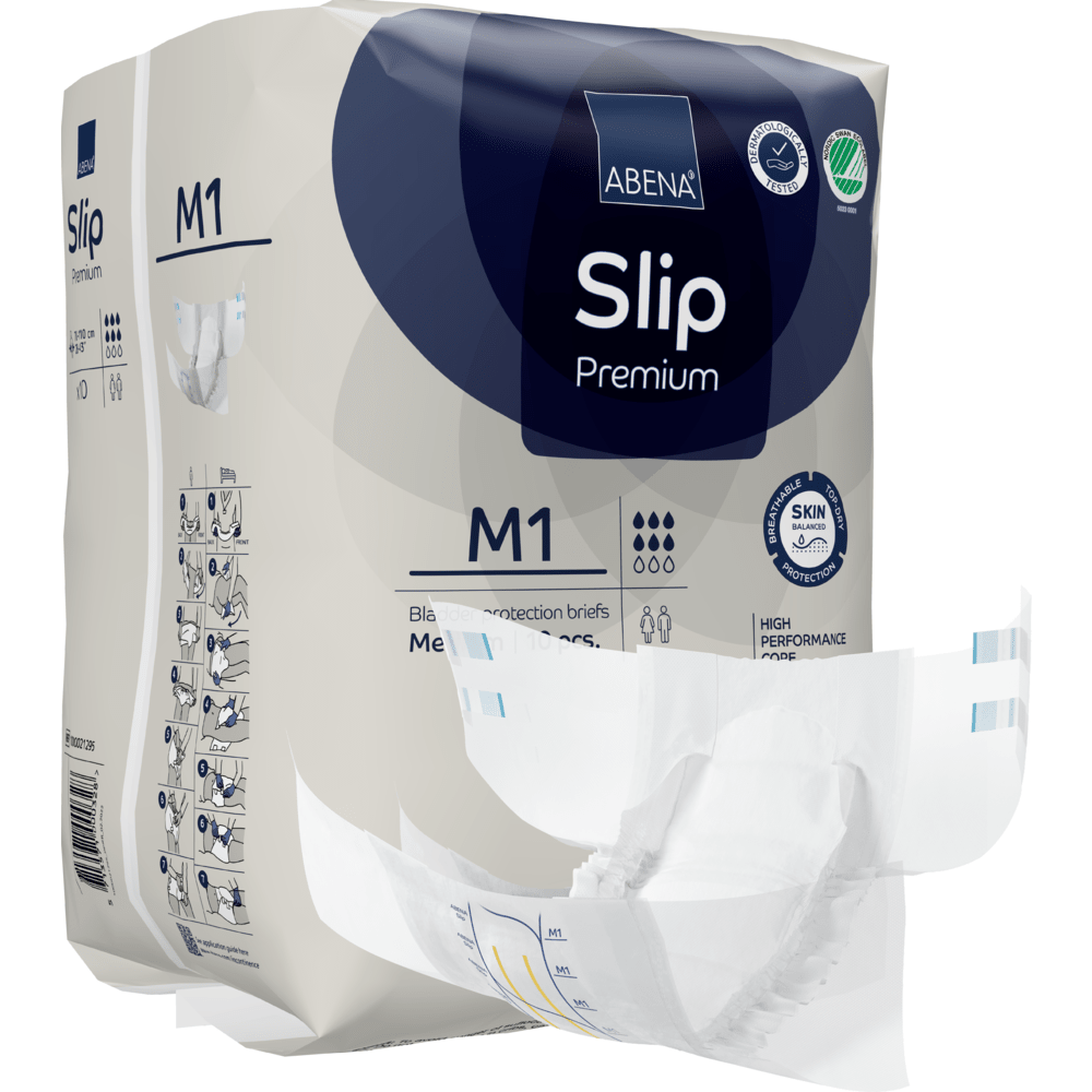 Μια συσκευασία ABENA Slip Premium από την Abena Re-Seller GmbH εμφανίζεται, με μια πάνα μερικώς αφαιρεμένη για να δείξει το σχεδιασμό. Η συσκευασία τονίζει τις λεπτομέρειες του προϊόντος και τα εικονίδια για τα κύρια χαρακτηριστικά.