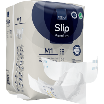 Μια συσκευασία ABENA Slip Premium από την Abena Re-Seller GmbH εμφανίζεται, με μια πάνα μερικώς αφαιρεμένη για να δείξει το σχεδιασμό. Η συσκευασία τονίζει τις λεπτομέρειες του προϊόντος και τα εικονίδια για τα κύρια χαρακτηριστικά.