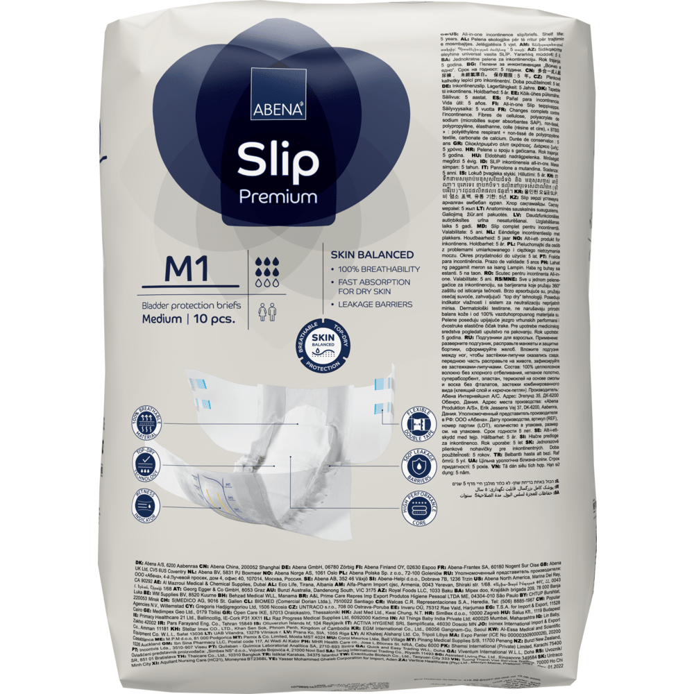Μια συσκευασία ABENA Slip Premium από την Abena Re-Seller GmbH, μεσαίο μέγεθος, 10 τεμάχια. Σχεδιασμένη για φροντίδα ακράτειας με πολυγλωσσική συσκευασία που περιλαμβάνει χαρακτηριστικά, πιστοποιήσεις και οδηγίες χρήσης.
