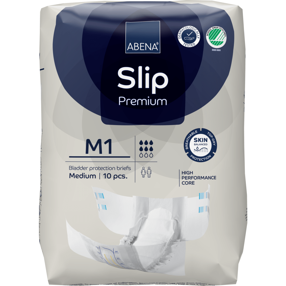 ABENA Slip Premium από την Abena Re-Seller GmbH, μεσαίο μέγεθος, συσκευασία 10 τεμαχίων. Σχεδιασμένη για φροντίδα ακράτειας με πυρήνα υψηλής απόδοσης και προηγμένη προστασία δέρματος, όπως αναφέρεται στη συσκευασία.