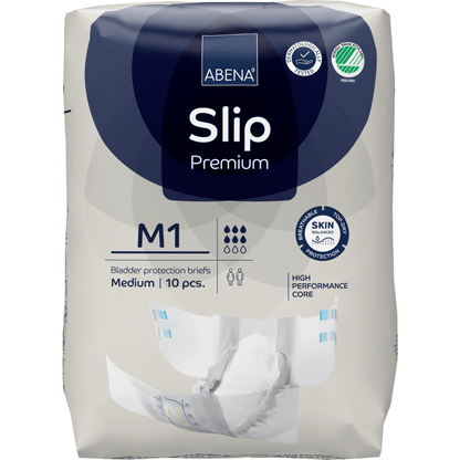ABENA Slip Premium από την Abena Re-Seller GmbH, μεσαίο μέγεθος, συσκευασία 10 τεμαχίων. Σχεδιασμένη για φροντίδα ακράτειας με πυρήνα υψηλής απόδοσης και προηγμένη προστασία δέρματος, όπως αναφέρεται στη συσκευασία.