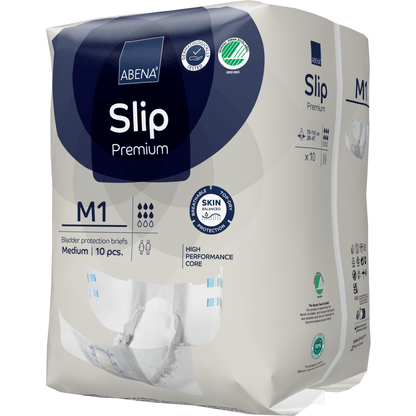 Μια συσκευασία ABENA Slip Premium από την Abena Re-Seller GmbH, μέγεθος M1 (μεσαίο), περιέχει 10 τεμάχια και διακρίνεται για υλικά φιλικά προς το δέρμα και έναν ισχυρό πυρήνα για αποτελεσματική προστασία ακράτειας.