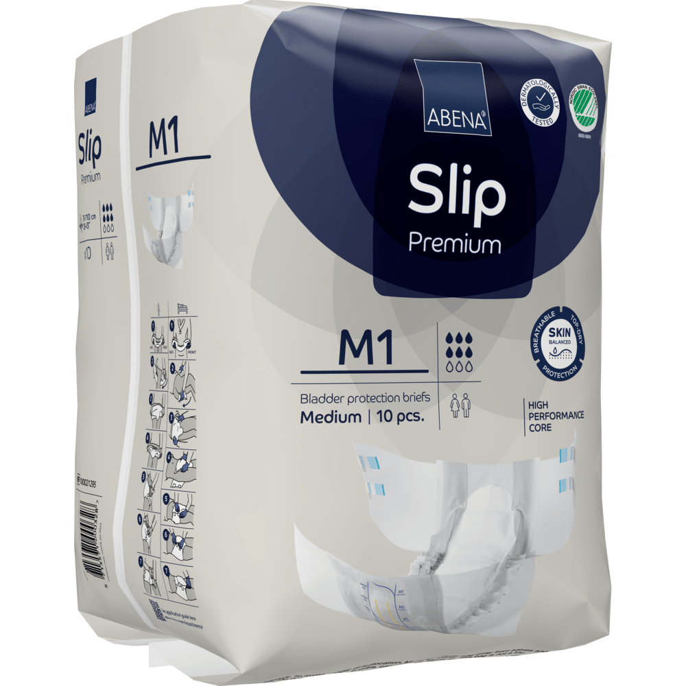Η συσκευασία 10 τεμαχίων ABENA Slip Premium από την Abena Re-Seller GmbH, μέγεθος μεσαίο, διακρίνεται για υλικά φιλικά προς το δέρμα, έναν ισχυρό πυρήνα και μια εικονογραφημένη οδηγία για βέλτιστη φροντίδα ακράτειας.