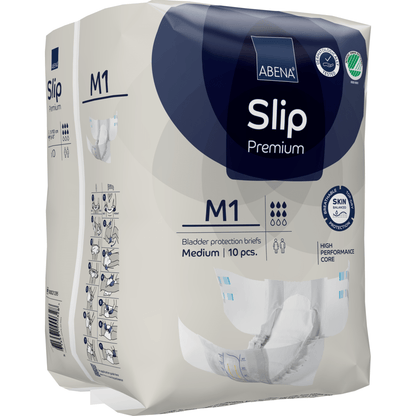 Η συσκευασία 10 τεμαχίων ABENA Slip Premium από την Abena Re-Seller GmbH, μέγεθος μεσαίο, διακρίνεται για υλικά φιλικά προς το δέρμα, έναν ισχυρό πυρήνα και μια εικονογραφημένη οδηγία για βέλτιστη φροντίδα ακράτειας.