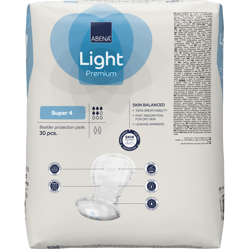Μια συσκευασία ABENA Light Super 4, Premium (30 τεμάχια) από την Abena Re-Seller GmbH προσφέρει αναπνεύσιμη, γρήγορα απορροφητική προστασία από την κύστη με ισορροπία δέρματος, που απεικονίζεται στην μπροστινή πλευρά με εικόνα ταμπόν.
