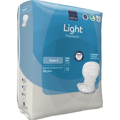 Η ABENA Light Super 4, Premium από την Abena Re-Seller GmbH στη μπλε-λευκή συσκευασία των 30 προσφέρει διακριτική προστασία από διαρροές και φιλική προς το δέρμα άνεση.