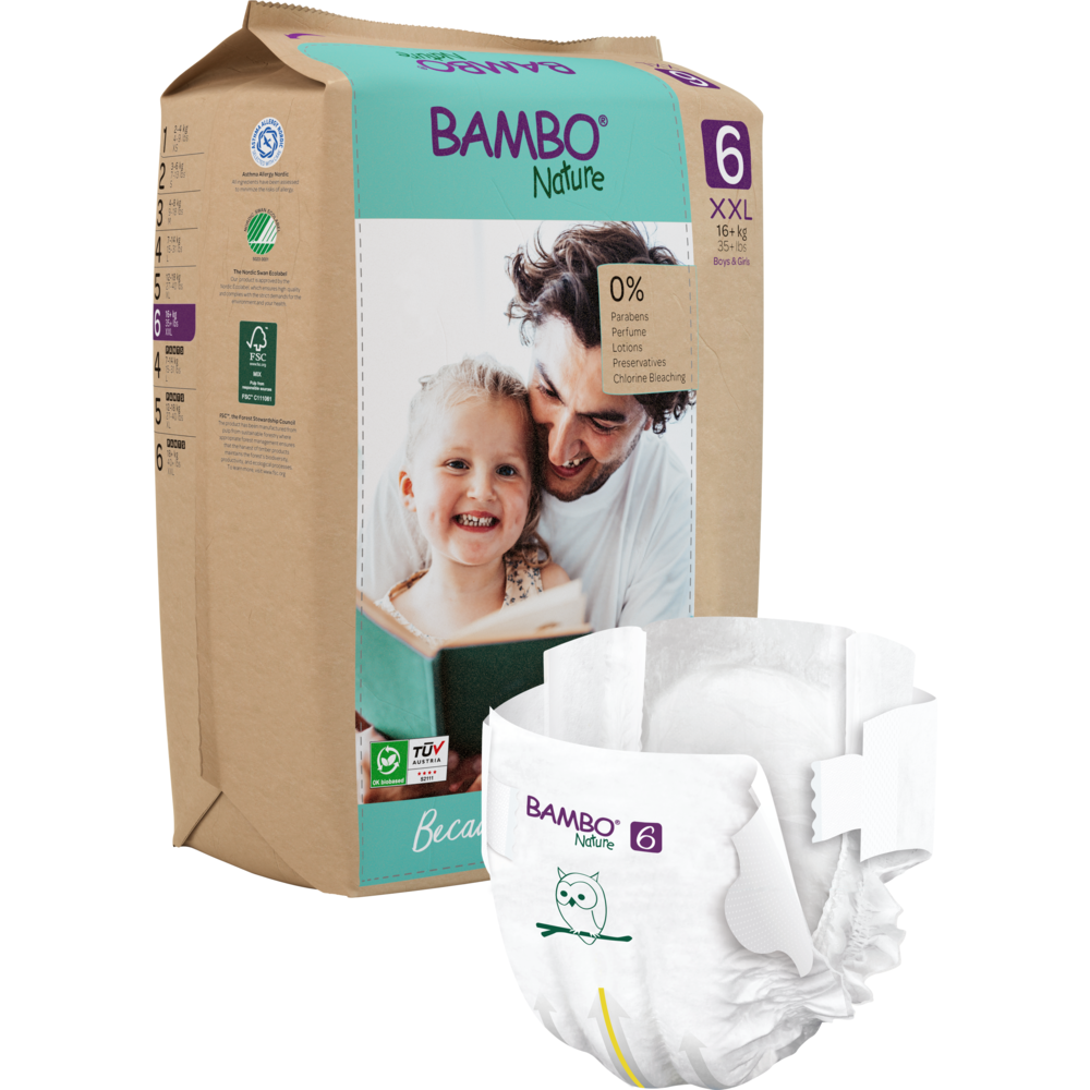 Eine Verpackung von Bambo Nature der Abena Re-Seller GmbH, Größe 6 XXL, zeigt ein lächelndes Kind und einen Erwachsenen. Vorne ist eine einzelne Windel abgebildet, die ihr Design, ihre Verschlüsse und ihre nachhaltigen Materialien für eine sanfte Babypflege hervorhebt.