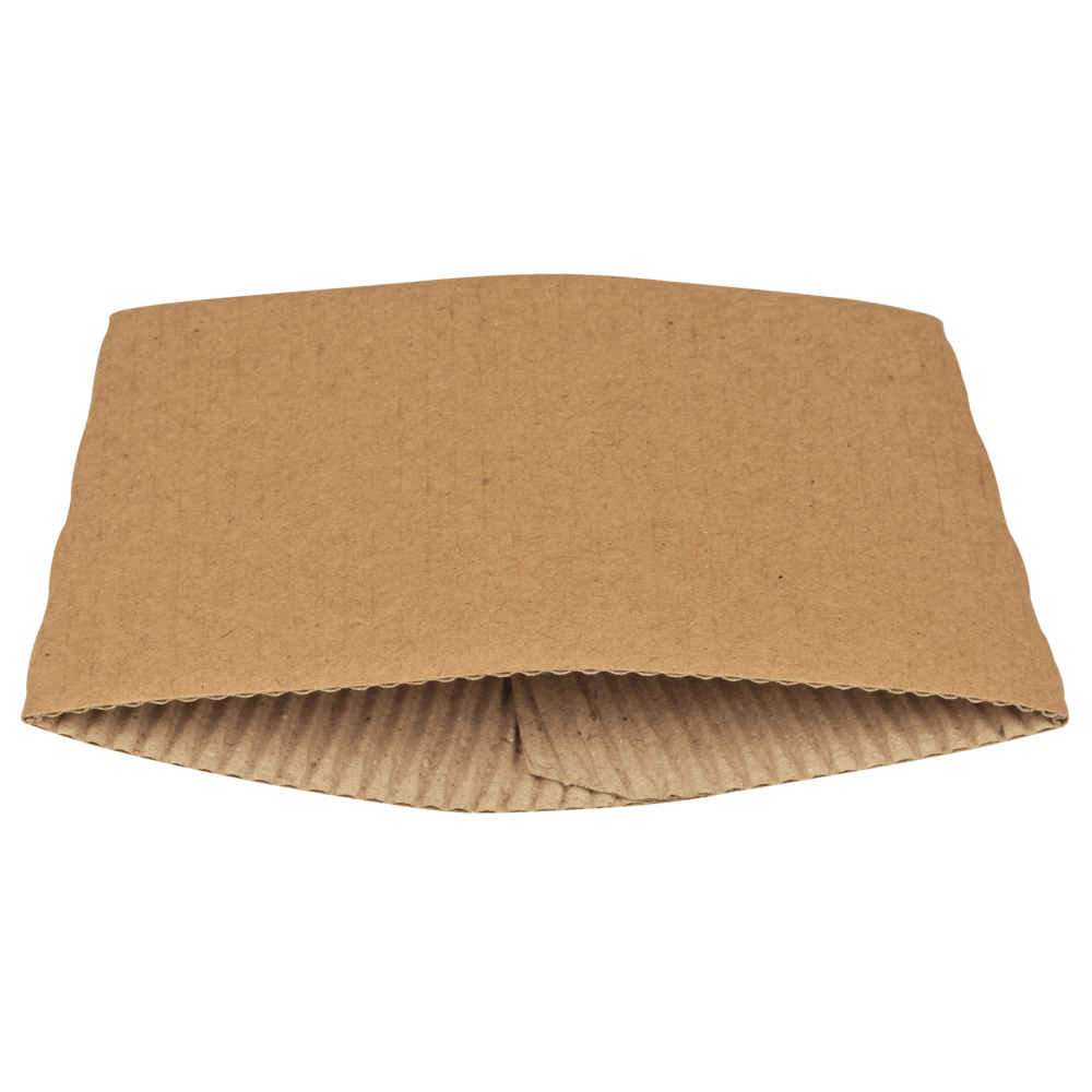 Μια καφέ θήκη για φλιτζάνια καφέ Java Jackets από την Abena Re-Seller GmbH, κατάλληλη για φλιτζάνια 36 και 48 cl, απεικονίζεται με το άνοιγμα μπροστά. Πωλείται σε συσκευασία των 100 τεμαχίων.
