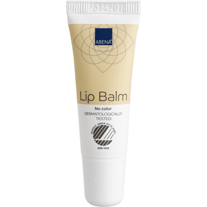 Ο μπεζ-λευκός σωλήνας 10 ml της Abena Re-Seller GmbH με το καπάκι και την επιγραφή "No color", "DERMATOLOGISCH GEPRÜFT" και το Nordic Swan Ecolabel προσφέρει υγρασία για μαλακά, υγιή χείλη. Διατίθεται σε κουτί (300 συσκευασίες).
