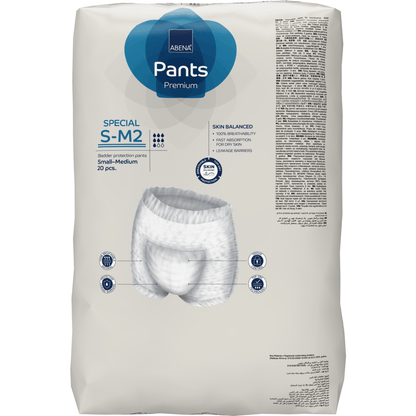 Ένα πακέτο 20 τεμαχίων ABENA Pants Special Premium από την Abena Re-Seller GmbH, μέγεθος S-M2. Η κυρίως λευκή συσκευασία δείχνει μπροστά λεπτομέρειες προϊόντος και μια εικόνα των εσωρούχων.