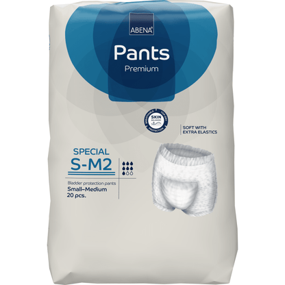 Ένα πακέτο 20 τεμαχίων ABENA Pants Special Premium από την Abena Re-Seller GmbH, μέγεθος S-M2, προσφέρει υψηλή άνεση, φιλικότητα προς το δέρμα και επιπλέον ελαστικές ζώνες για ασφαλή εφαρμογή.