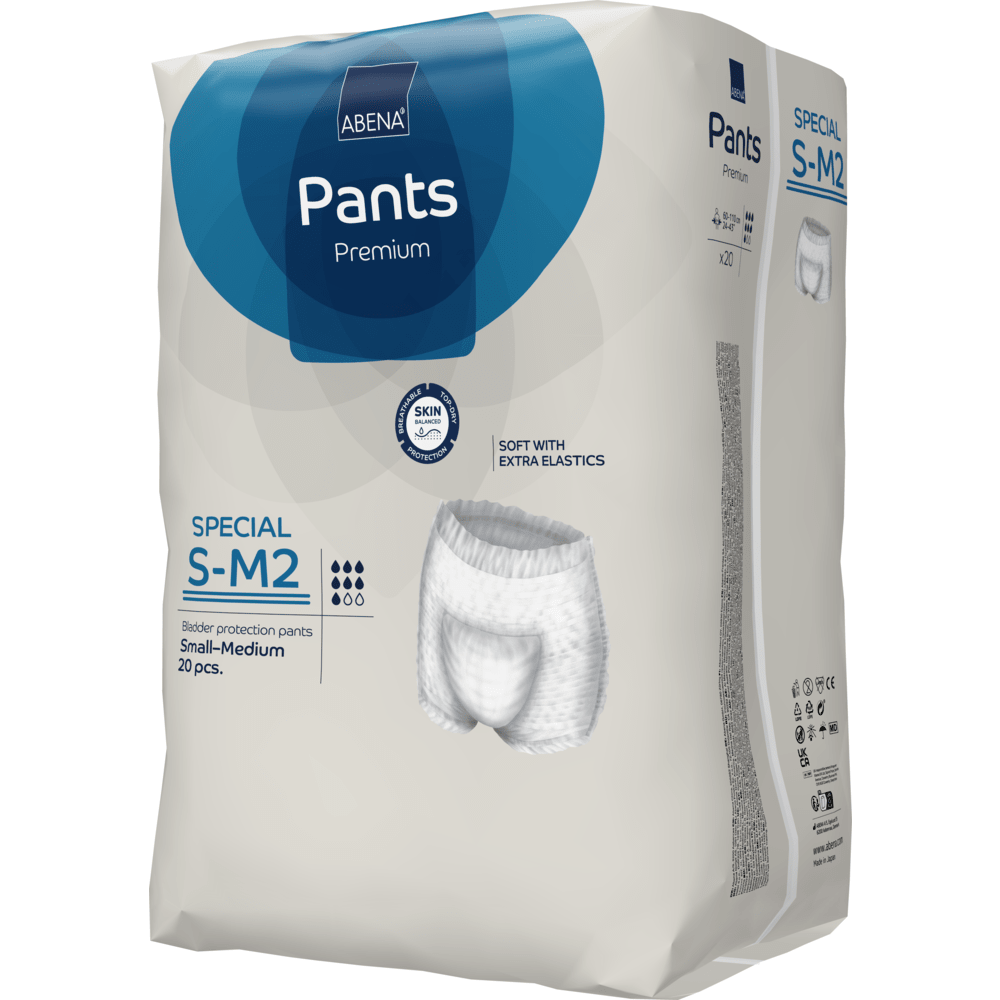 Μια συσκευασία ABENA Pants Special Premium από την Abena Re-Seller GmbH, μέγεθος S-M2, για την προστασία της κύστης σε ενήλικες, περιέχει 20 παντελόνια. Η συσκευασία είναι κυρίως μπεζ με μπλε τόνους και εικόνες προϊόντων.