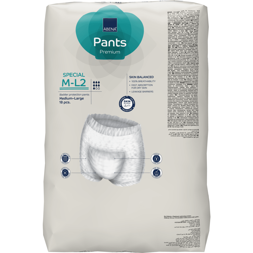 Μια συσκευασία ABENA Pants Special Premium από την Abena Re-Seller GmbH, μέγεθος μεσαίο, 18 κομμάτια. Η συσκευασία δείχνει τις λεπτομέρειες του προϊόντος, την εικόνα του παντελονιού και πληροφορίες για την ισορροπία του δέρματος για την φροντίδα ακράτειας ενηλίκων.