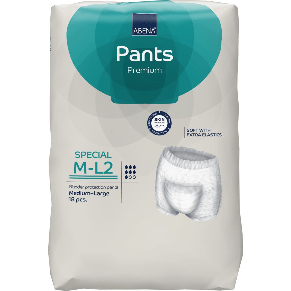 Μια συσκευασία ABENA Pants Special Premium από την Abena Re-Seller GmbH για ενήλικες, μέγεθος Medium-Large, περιέχει 18 κομμάτια σε ανοιχτόχρωμη συσκευασία με τιρκουάζ μπλε τόνους και λεπτομέρειες προϊόντος.