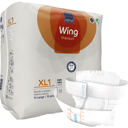 Μια συσκευασία ABENA Wing Premium από την Abena Re-Seller GmbH, μέγεθος XL1, περιέχει 15 κομμάτια για προστασία και άνεση, με μια συσκευασία X-Large και μια ανοιγμένη πάνα στο προσκήνιο.