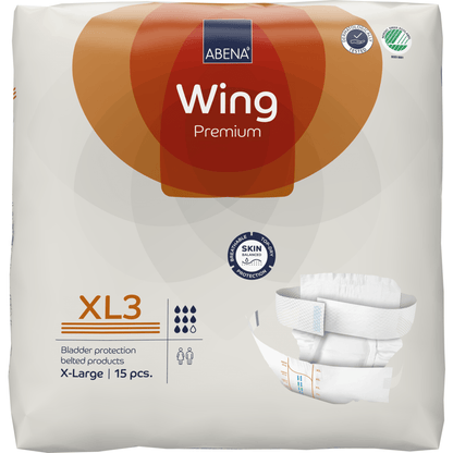Ένα πακέτο ABENA Wing Premium από την Abena Re-Seller GmbH, μέγεθος X-Large, 15 τεμάχια, με την εικόνα του προϊόντος και τα εικονίδια για απόλυτη προστασία, απορροφητικότητα και χρηστικότητα.