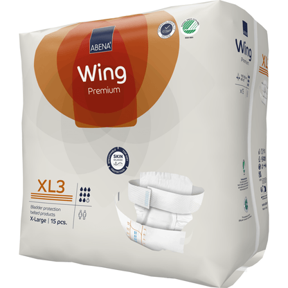 Ένα πακέτο ABENA Wing Premium πάνες ενηλίκων της Abena Re-Seller GmbH (15 τεμάχια) έρχεται σε μια κυρίως λευκή συσκευασία με πορτοκαλί και καφέ τόνους, με απόλυτη προστασία και λεπτομερείς πληροφορίες μεγέθους.