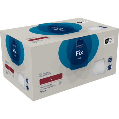 Eine rechteckige beigefarbene Schachtel mit Fixierhosen, ABENA Fix, Net von Abena Re-Seller GmbH, Größe L, enthält 50 Stück zur Verwendung mit Inkontinenzprodukten. Auf der Verpackung sind Produktbilder und Anwendungssymbole abgebildet.