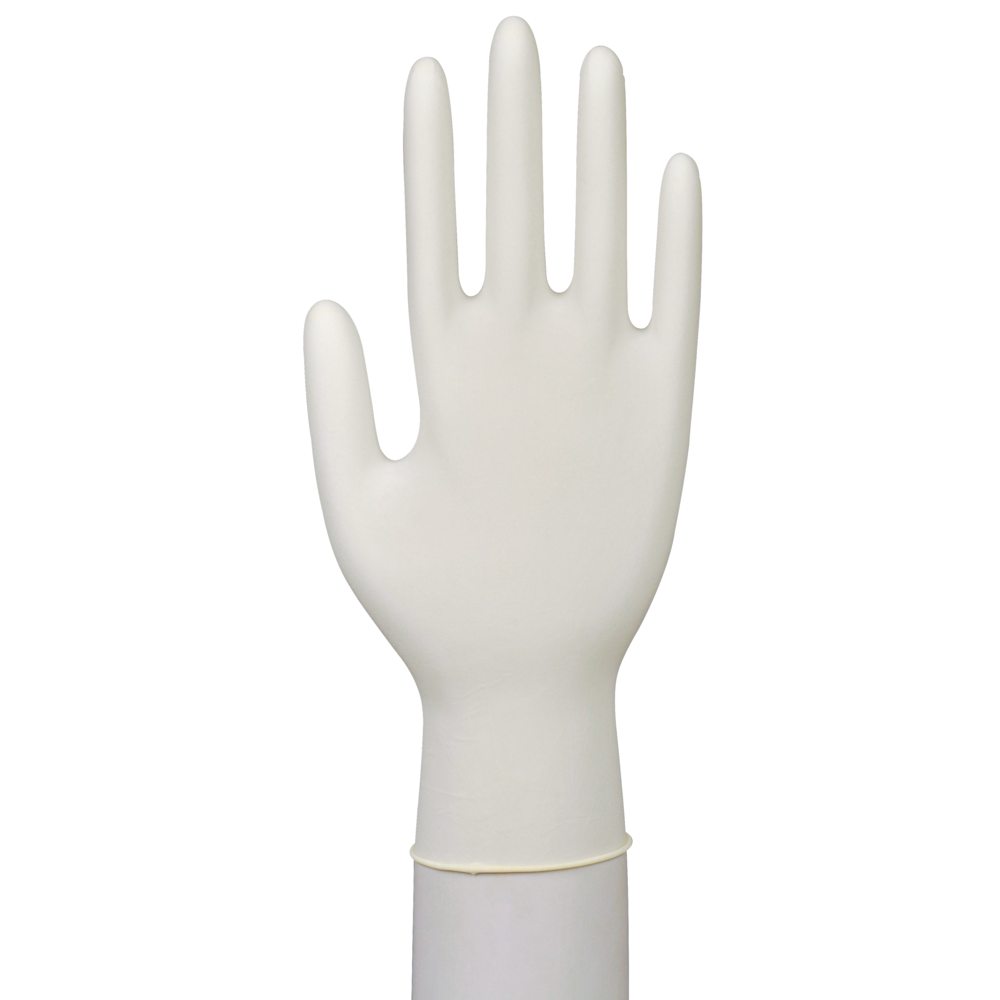 Τα Abena Re-Seller GmbH Latex-Handschuhe Classic, χωρίς πούδρα, φυσικό είναι όρθια σε κυλινδρική βάση με ανοιχτά δάχτυλα μπροστά σε λευκό φόντο - ιδανικά για ευαίσθητη χρήση σε ιατρικές εγκαταστάσεις.