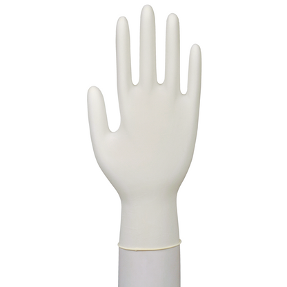 Τα Abena Re-Seller GmbH Latex-Handschuhe Classic, χωρίς πούδρα, φυσικό είναι όρθια σε κυλινδρική βάση με ανοιχτά δάχτυλα μπροστά σε λευκό φόντο - ιδανικά για ευαίσθητη χρήση σε ιατρικές εγκαταστάσεις.