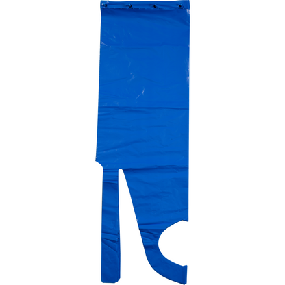 Die Abena Re-Seller GmbH Einwegschürze (85x130 cm, 35 my LDPE, Blau), Packung mit 50 Stück, liegt flach auf weißem Hintergrund und bietet hygienischen Schutz mit zwei langen, schmalen Enden und einer breiten Rund-Aussparung.