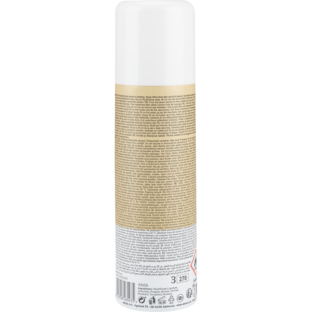 Σπρέι λαδιού, ελαφρώς αρωματισμένο (200 ml) από την Abena Re-Seller GmbH, όρθιο με λευκό καπάκι και μια λεπτομερή πίσω ετικέτα με οδηγίες, προειδοποιήσεις και πληροφορίες ανακύκλωσης. Πωλείται σε χαρτοκιβώτια των 12 τεμαχίων.