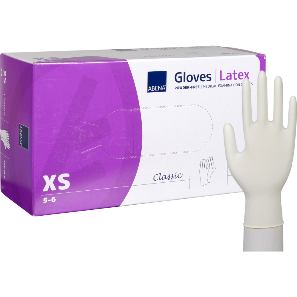Abgebildet ist eine Schachtel Abena Re-Seller GmbH Latex-Handschuhe Classic, puderfrei, natur in Größe XS mit einem weißen Handschuh aufrecht neben der weiß-lila Verpackung.