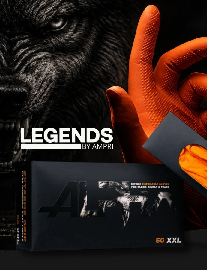 AMPri Legends orange Nitril-Einmalhandschuhe vor schwarzem Hintergrund mit Gorilla-Motiv und Produktverpackung.
