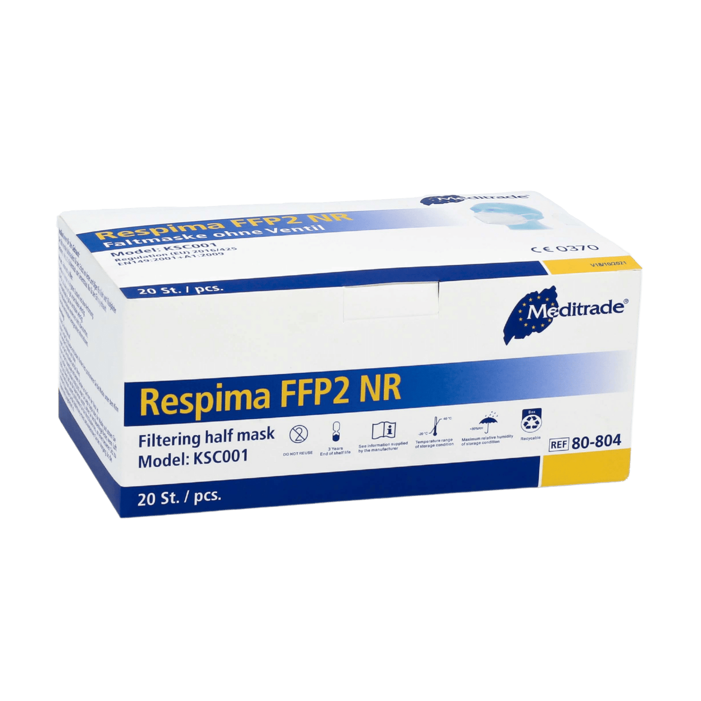 Ένα κουτί Meditrade Respima FFP2 μάσκας αναπνοής παρουσιάζεται μπροστά σε ένα απλό φόντο. Το λευκό κουτί με μπλε λεπτομέρειες δείχνει ότι περιέχει 100 τεμάχια και φέρει στην επάνω δεξιά γωνία εμφανώς το εμπορικό όνομα Meditrade GmbH, γνωστό για τον προσωπικό προστατευτικό εξοπλισμό.