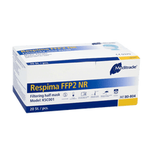 Ένα κουτί Meditrade Respima FFP2 μάσκας αναπνοής παρουσιάζεται μπροστά σε ένα απλό φόντο. Το λευκό κουτί με μπλε λεπτομέρειες δείχνει ότι περιέχει 100 τεμάχια και φέρει στην επάνω δεξιά γωνία εμφανώς το εμπορικό όνομα Meditrade GmbH, γνωστό για τον προσωπικό προστατευτικό εξοπλισμό.