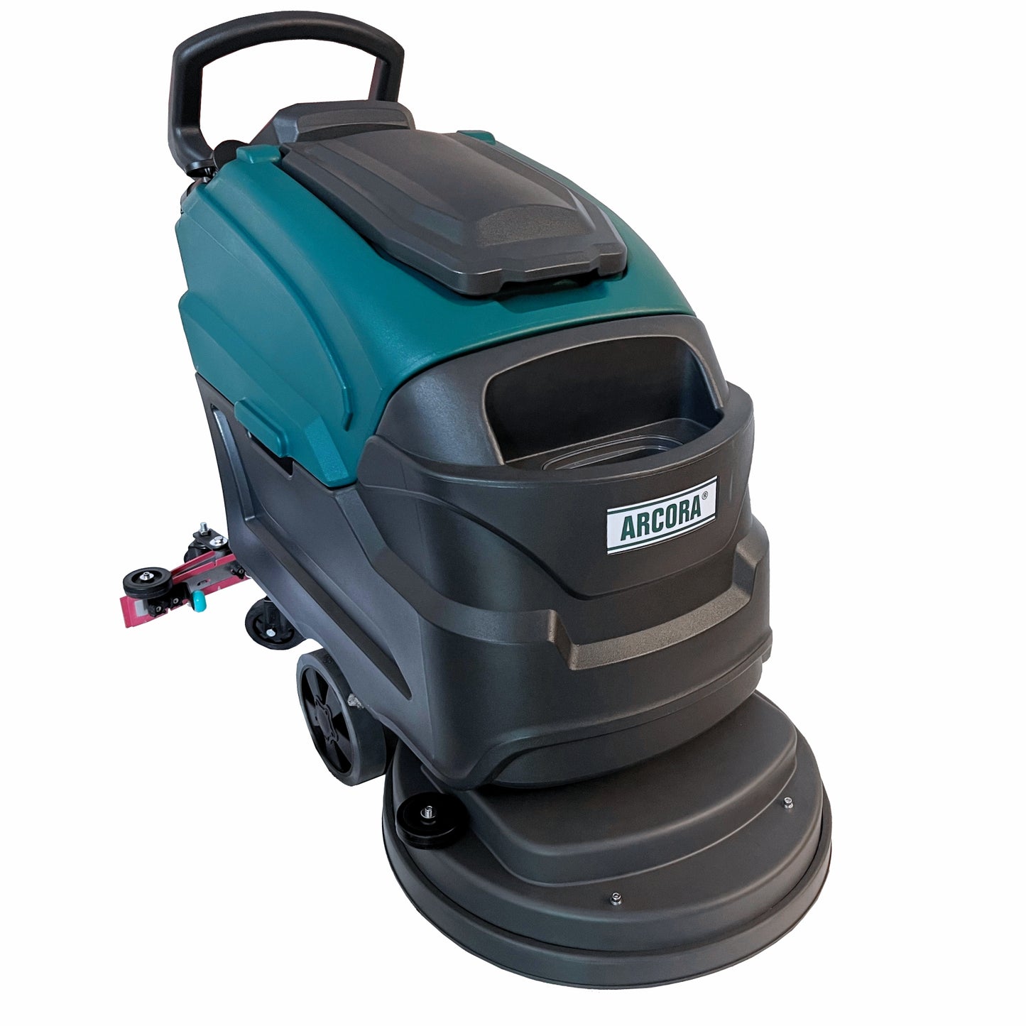 Η Arcora 510Bm μηχανή καθαρισμού με απορρόφηση 47 L (καθαρό)-50 L (βρώμικο) από την Arcora International GmbH είναι μια επαγγελματική μηχανή καθαρισμού για μεγάλες επιφάνειες. Διαθέτει περίβλημα σε χρώμα teal-μαύρο, μεγάλους τροχούς και μια άνω λαβή με το λογότυπο "ARCORA" μπροστά.