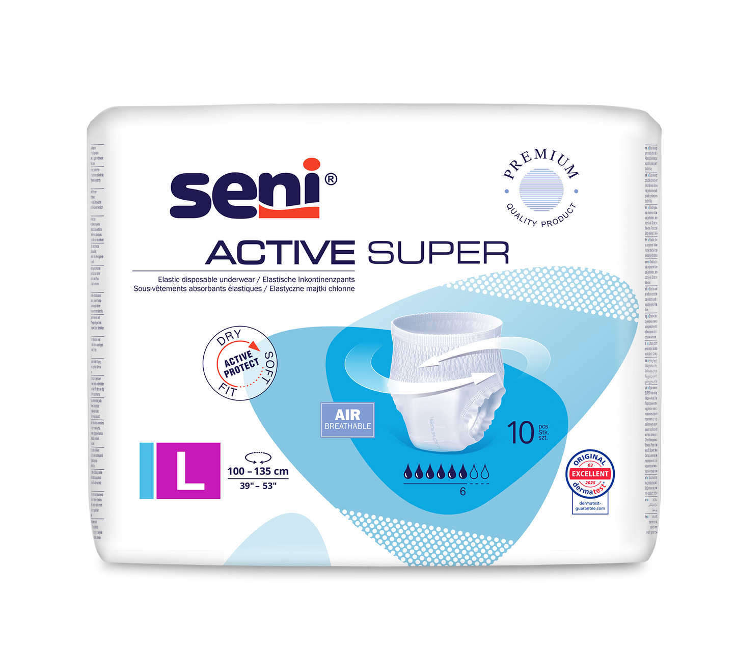 Μια συσκευασία Seni Active Super Inkontinenzpants από την TZMO Deutschland GmbH, μέγεθος LL (100-135 cm), με εικόνες προϊόντος, "διαπνέον" και σύμβολα απορρόφησης υγρών - ιδανικό για άτομα με αδυναμία ουροδόχου κύστης.