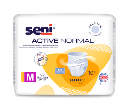 Μια συσκευασία Seni Active Normal Inkontinenzpants της TZMO Deutschland GmbH, μέγεθος M (80-110 cm περίμετρος μέσης), δείχνει την εικόνα του προϊόντος, την ετικέτα "Air atmungsaktiv", πληροφορίες για την απορροφητικότητα και πιστοποιήσεις - ιδανική για τη διαχείριση της αδυναμίας κύστης.