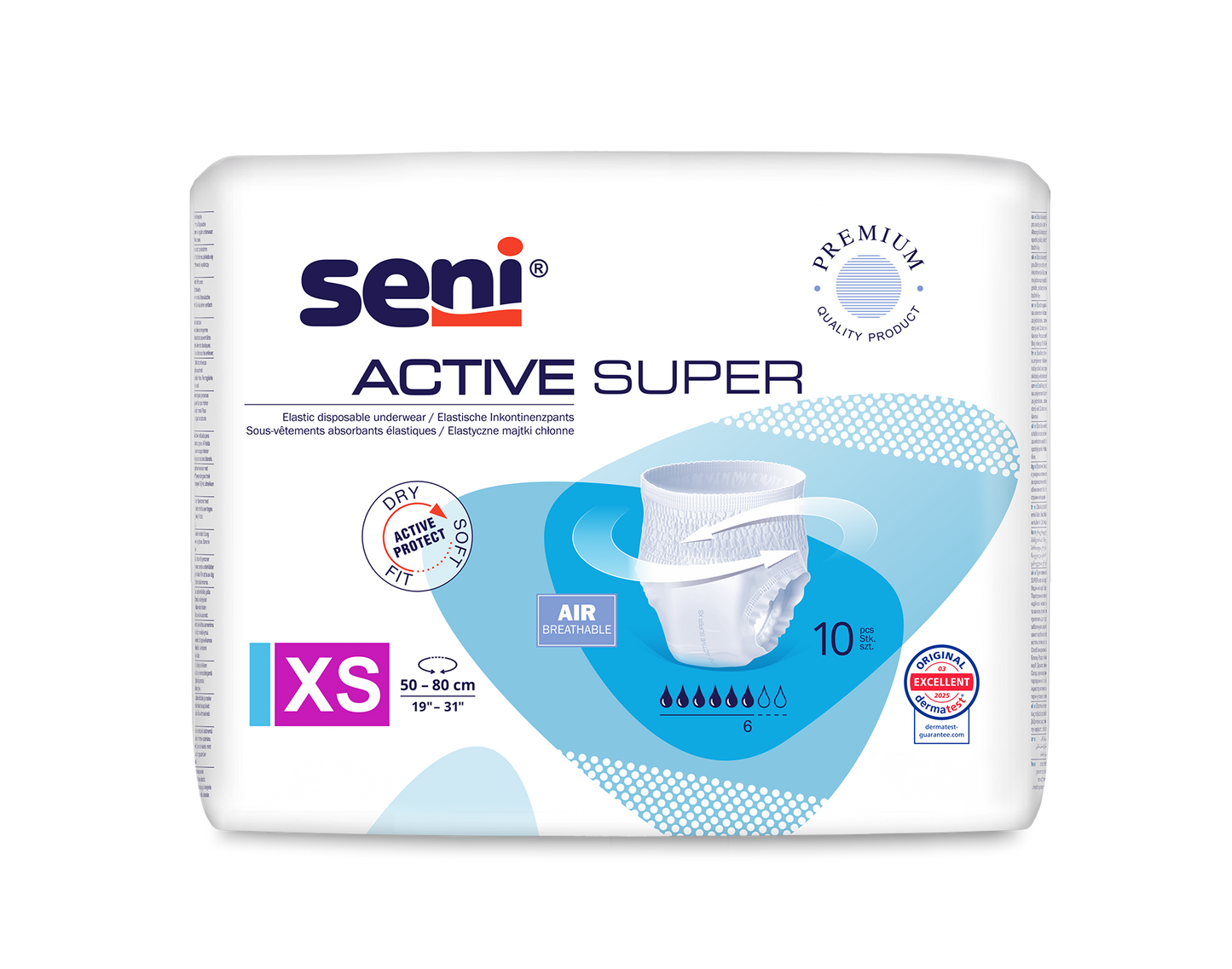 Μια συσκευασία Seni Active Super Inkontinenzpants από την TZMO Deutschland GmbH, μέγεθος XS για περιφέρεια μέσης 50-80 cm. Για αδυναμία ουροδόχου κύστης, χαρακτηρίζεται από διαπνοή και ξηρότητα και περιέχει 10 παντελόνια σε λευκή-μπλε συσκευασία.