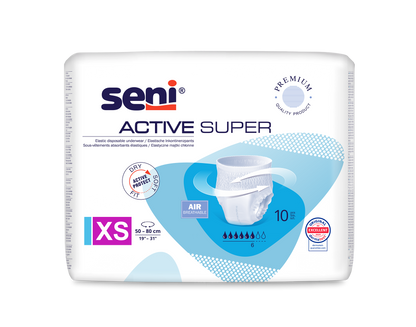 Μια συσκευασία Seni Active Super Inkontinenzpants από την TZMO Deutschland GmbH, μέγεθος XS για περιφέρεια μέσης 50-80 cm. Για αδυναμία ουροδόχου κύστης, χαρακτηρίζεται από διαπνοή και ξηρότητα και περιέχει 10 παντελόνια σε λευκή-μπλε συσκευασία.