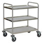 Το καρότσι πολλαπλών χρήσεων Novocal από ανοξείδωτο χάλυβα με 3 ράφια, 2 λαβές ώθησης, 4 τροχούς ελαφριάς κύλισης και 4 προφυλακτήρες είναι ιδανικό για μεταφορά σε γραφείο, κουζίνα ή νοσοκομείο. Συσκευασία: 1 τεμάχιο.