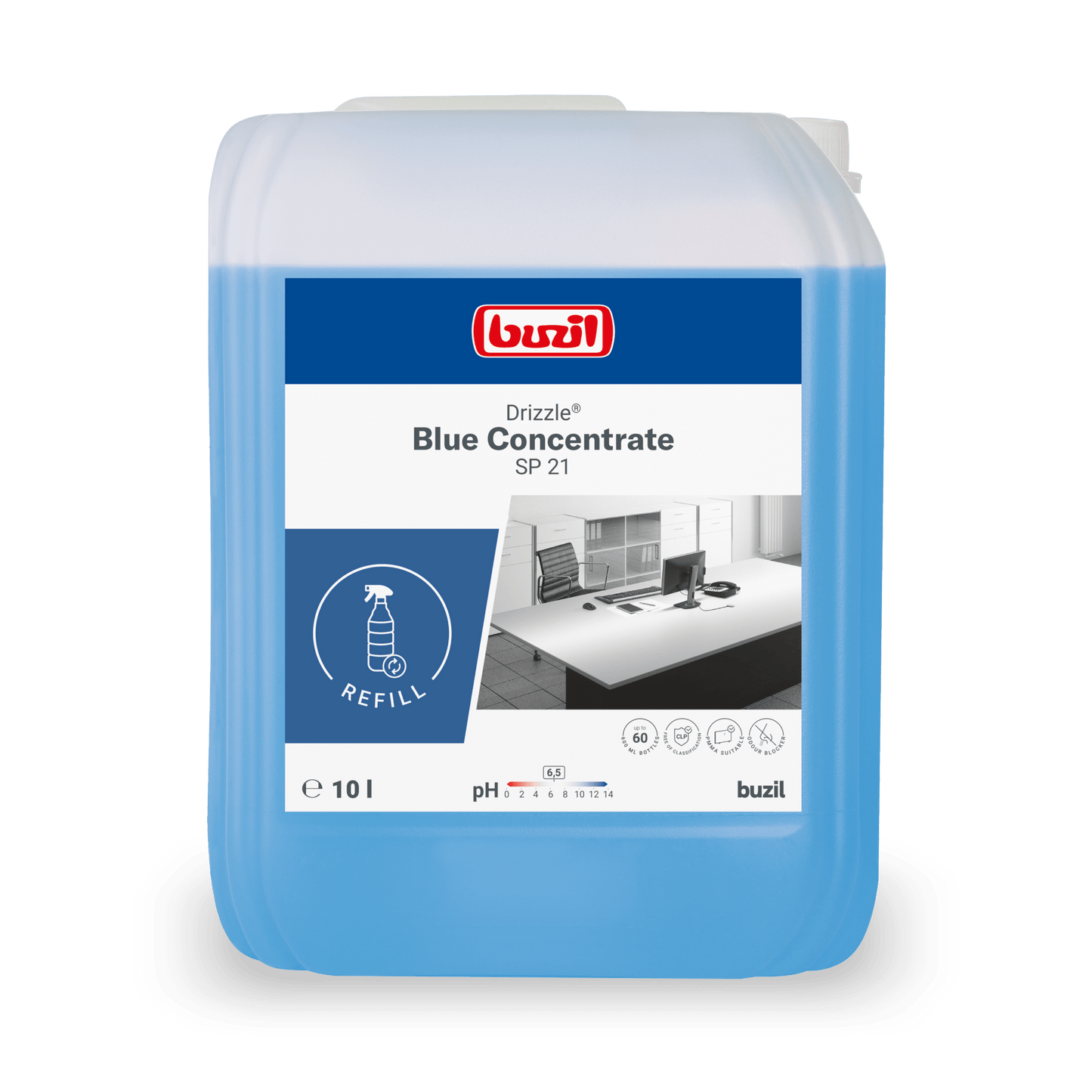 Ένα δοχείο 10 λίτρων Drizzle® Blue Concentrate Universalreiniger blau από την BUZIL-WERK Wagner GmbH & Co. KG, με μπλε ετικέτα, σύμβολο αναπλήρωσης, σύμβολο pH 7 και οδηγίες ασφαλείας στη συσκευασία.