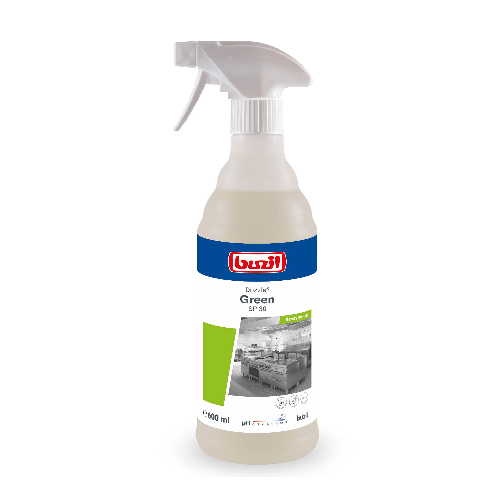 Eine 600 ml Sprühflasche Drizzle® Green Öl- und Fettlöser farblos - hellgelb von BUZIL-WERK Wagner GmbH & Co. KG, mit einer grauen Sprühdüse und einem Etikett mit Küchenbild, Produktname und Anwendungshinweisen.