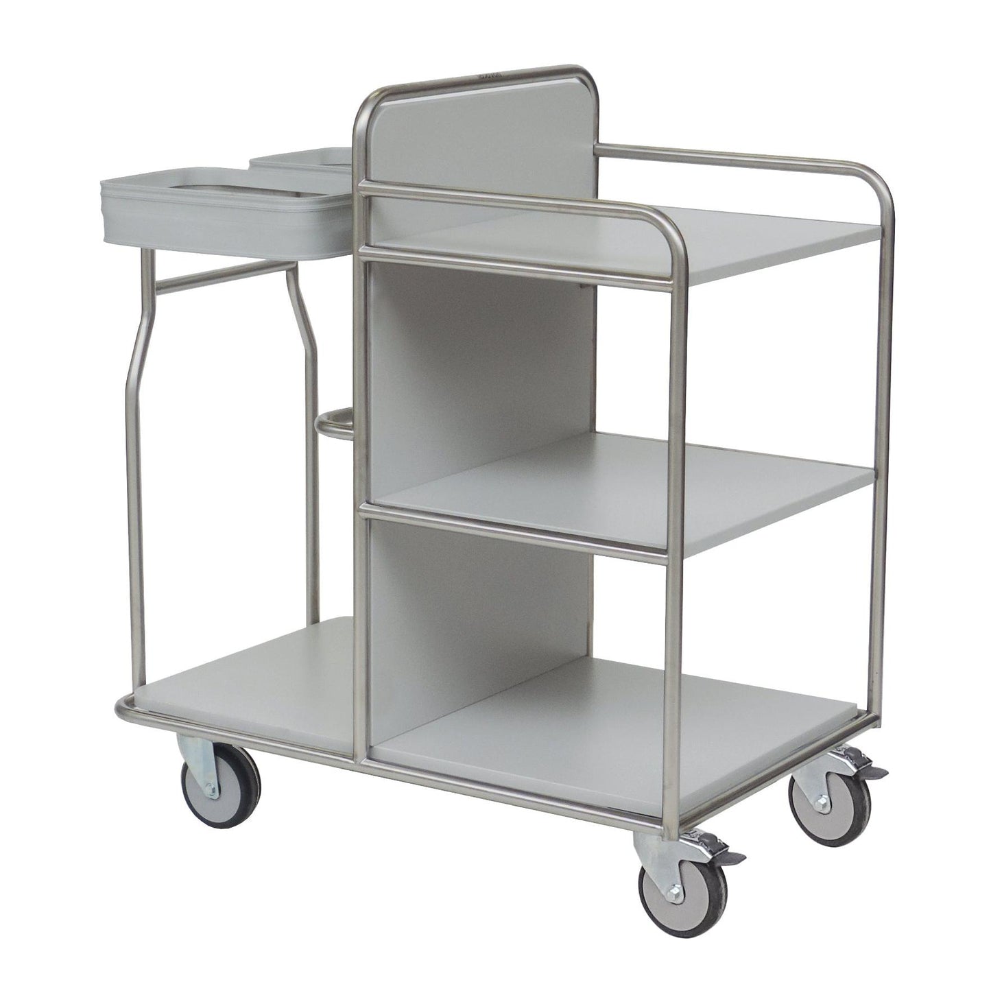 Ο σκελετός του σταθμού Novocal από ανοξείδωτο χάλυβα με πλήρως συγκολλημένες σωληνώσεις προσφέρει τρία ράφια, τέσσερις τροχούς, μια άνω ράγα και ένα διπλό διαμέρισμα - ιδανικό ως πολυλειτουργικό ιατρικό καρότσι για τακτοποιημένη αποθήκευση και κινητικότητα.