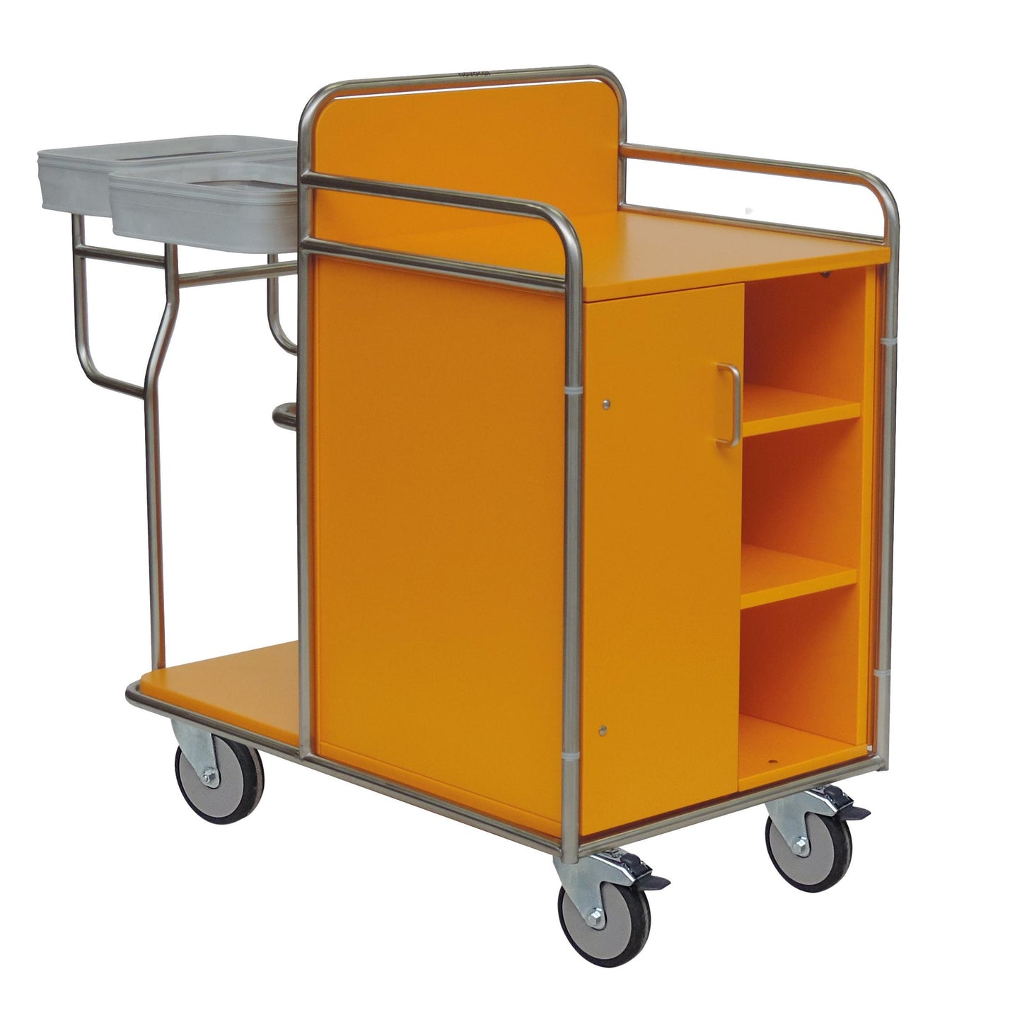 Το καρότσι σταθμού Novocal από ανοξείδωτο χάλυβα με συγκολλημένες σωληνωτές συνδέσεις προσφέρει τρεις επιφάνειες αποθήκευσης, κλειστό ντουλάπι, πλευρικό διπλό δοχείο και τέσσερις τροχούς για βέλτιστη κινητικότητα. Συσκευασία: 1 τεμάχιο.