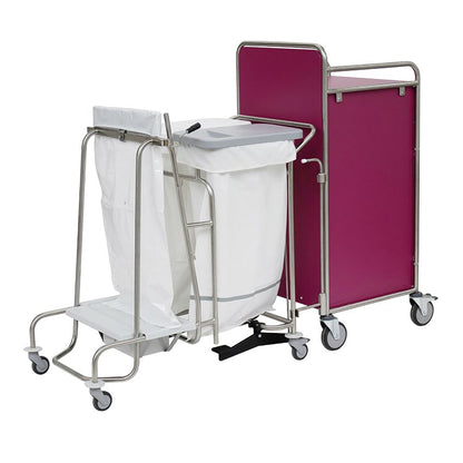 Το καρότσι σταθμού Novocal διαθέτει επένδυση σε καστανό χρώμα, πλήρως συγκολλημένο πλαίσιο από ανοξείδωτο χάλυβα, ρόδες και λευκή πλαστική θήκη για σακούλες με καπάκι - τέλειο για αποτελεσματική συλλογή απορριμμάτων ή ιματισμού στον τομέα της υγείας.