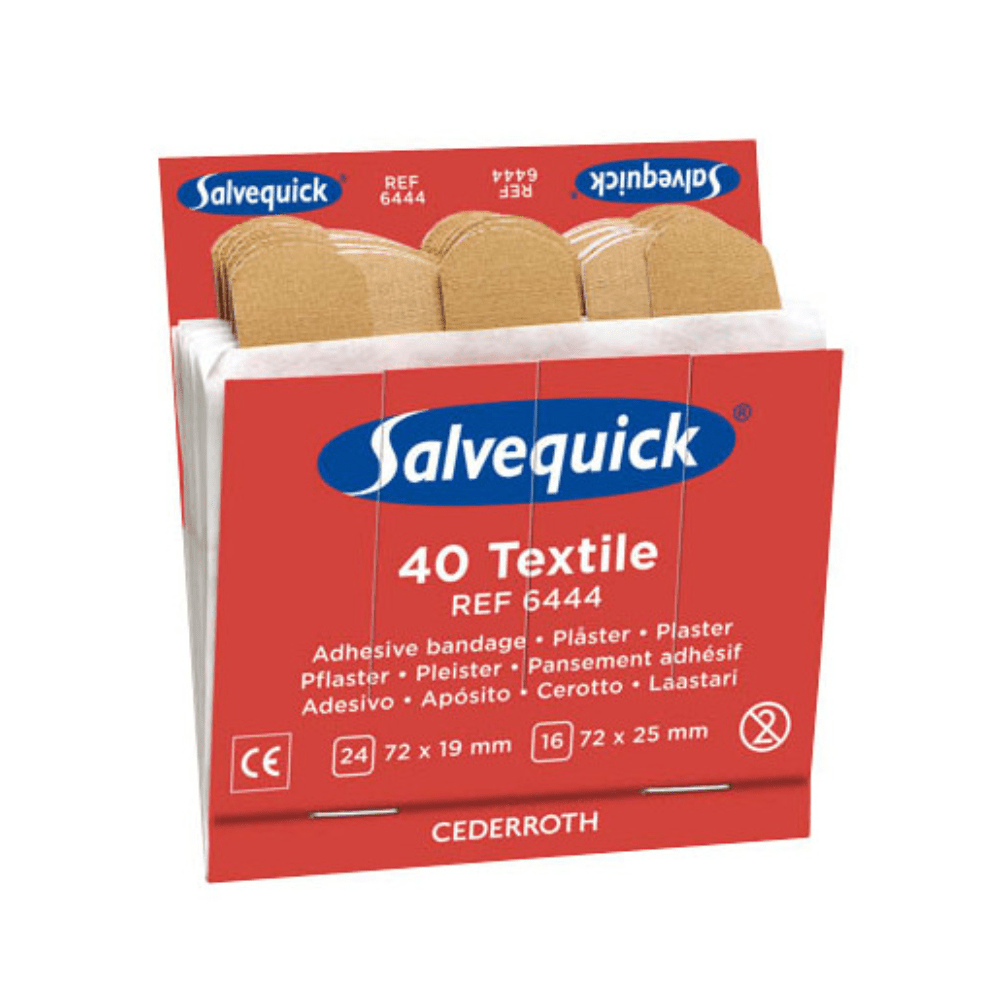 Ένα κόκκινο-λευκό κουτί με Holthaus Medical Salvequick® Αναπληρώσιμο Σετ Επιθεμάτων με την επιγραφή «40 τεμάχια» στο μπροστινό μέρος. Το κουτί φέρει τον αριθμό αναφοράς 6444 και περιέχει πληροφορίες για τα μεγέθη: 24 τεμάχια à 72 x 19 mm και 16 τεμάχια à 72 x 25 mm, ιδανικό για μια ολοκληρωμένη φροντίδα τραυμάτων. Το προϊόν αυτό κατασκευάζεται από την Holthaus Medical GmbH & Co. KG.