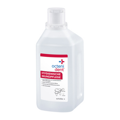 Ένα μπουκάλι διαλύματος στοματικής πλύσης Octenident® της Schülke & Mayr GmbH με ετικέτες στη γερμανική γλώσσα, που υποδεικνύουν υγιεινή στοματική φροντίδα. Το μπουκάλι είναι διάφανο, περιέχει ένα ανοιχτό μπλε υγρό και έχει μια λευκή ετικέτα με κόκκινες και μπλε λεπτομέρειες.