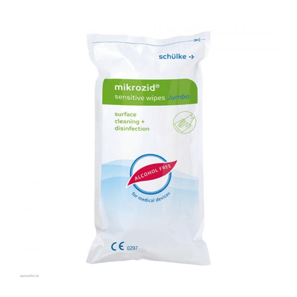 Μια συσκευασία «Schülke Mikrozid® sensitive wipes jumbo» για καθαρισμό και απολύμανση επιφανειών, χαρακτηρισμένη ως μη αλκοολούχα και κατάλληλη για ιατρικά προϊόντα. Η συσκευασία είναι λευκή με πράσινες και μπλε λεπτομέρειες. Μάρκα: Schülke & Mayr GmbH