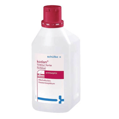 Ένα μπουκάλι schülke kodan® Tinktur forte δερματικό αντισηπτικό, άχρωμο διάλυμα της Schülke & Mayr GmbH. Το μπουκάλι είναι λευκό με κόκκινο καπάκι και λεπτομέρειες ετικέτας σε μπλε, ροζ και μαύρο κείμενο.