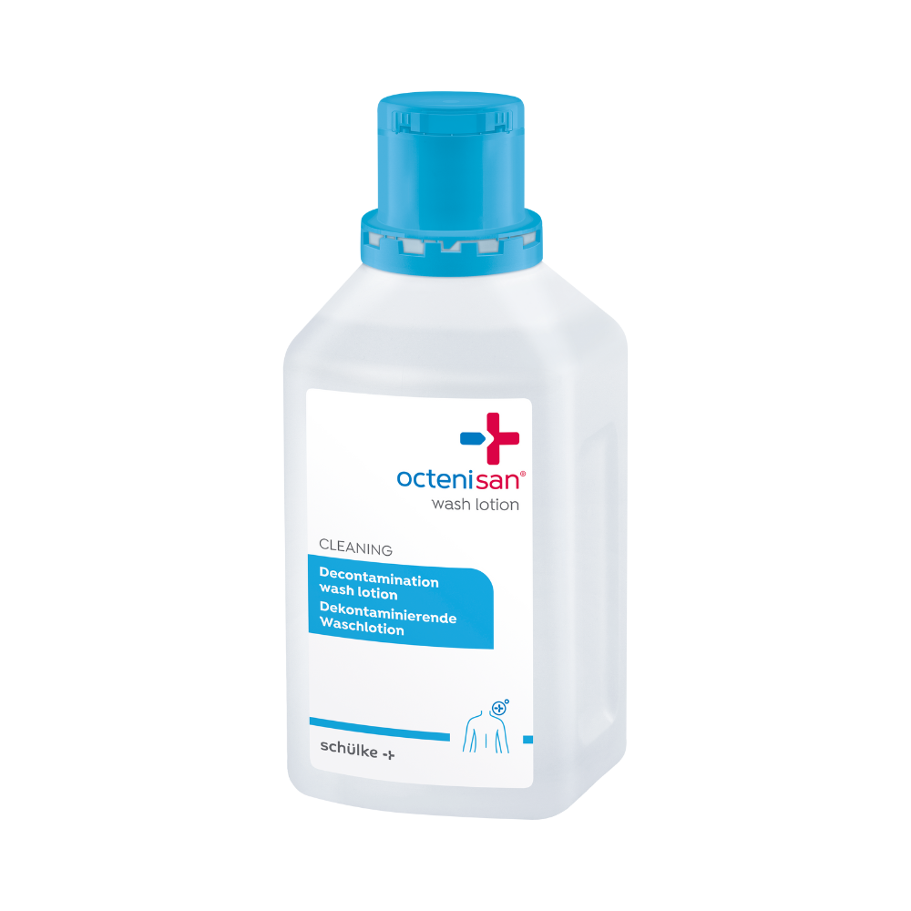 Ένα διάφανο πλαστικό μπουκάλι Schülke Octenisan Waschlotion της Schülke & Mayr GmbH με μπλε καπάκι και δίγλωσση ετικέτα στέκεται όρθιο σε λευκό φόντο, ιδανικό για αντισηπτικό καθαρισμό δέρματος και υγιεινή περιποίηση σώματος.